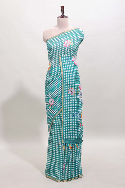 Green checked floral motifs linen cotton saree with self zari border matching blouse