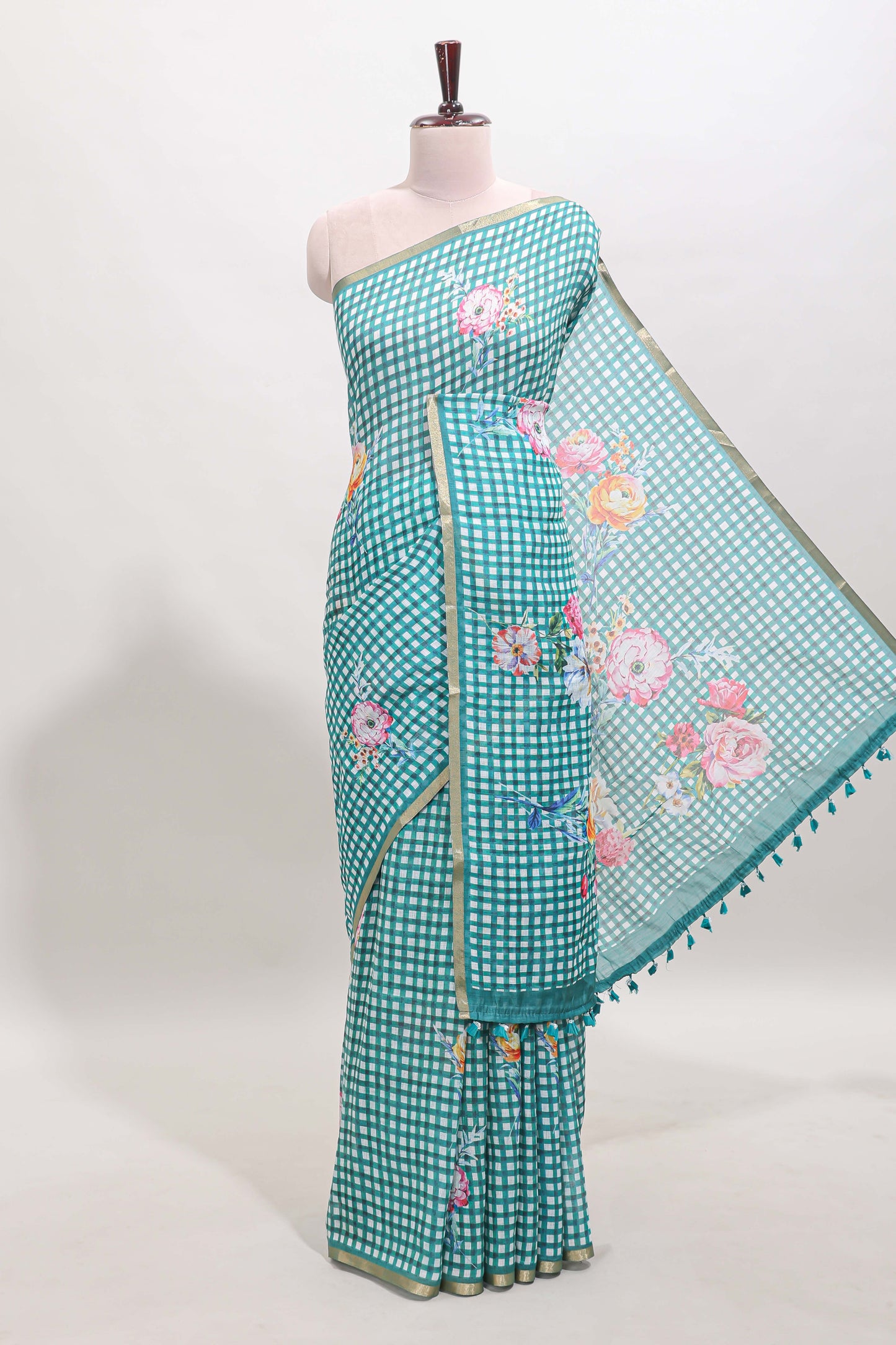 Green checked floral motifs linen cotton saree with self zari border matching blouse