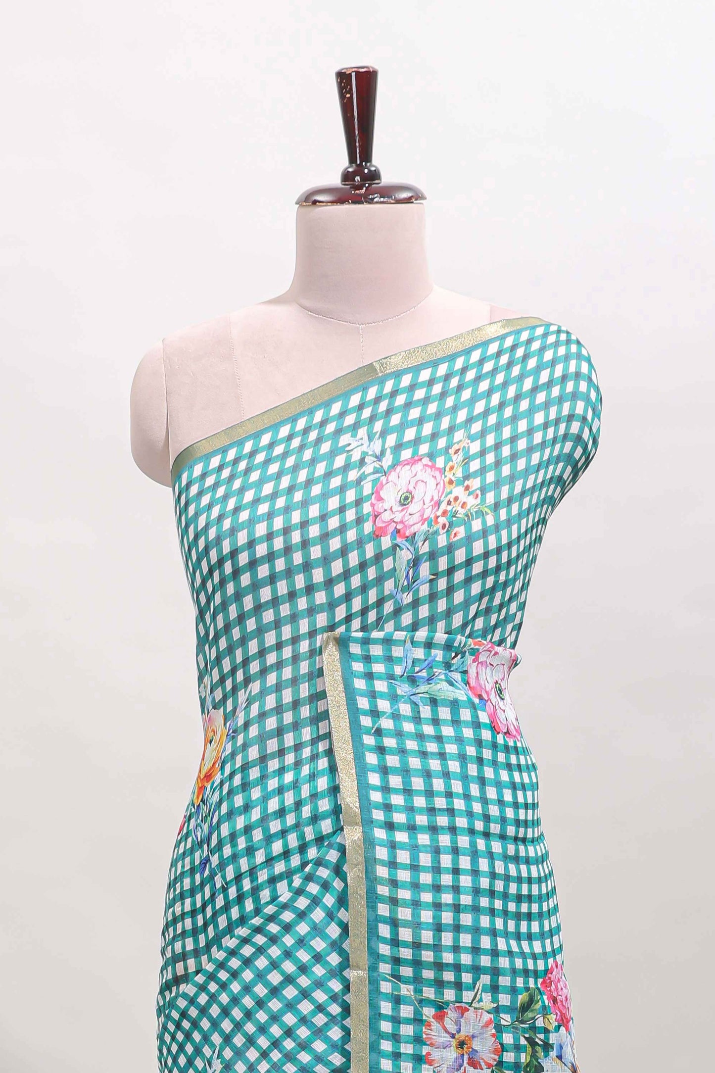 Green checked floral motifs linen cotton saree with self zari border matching blouse