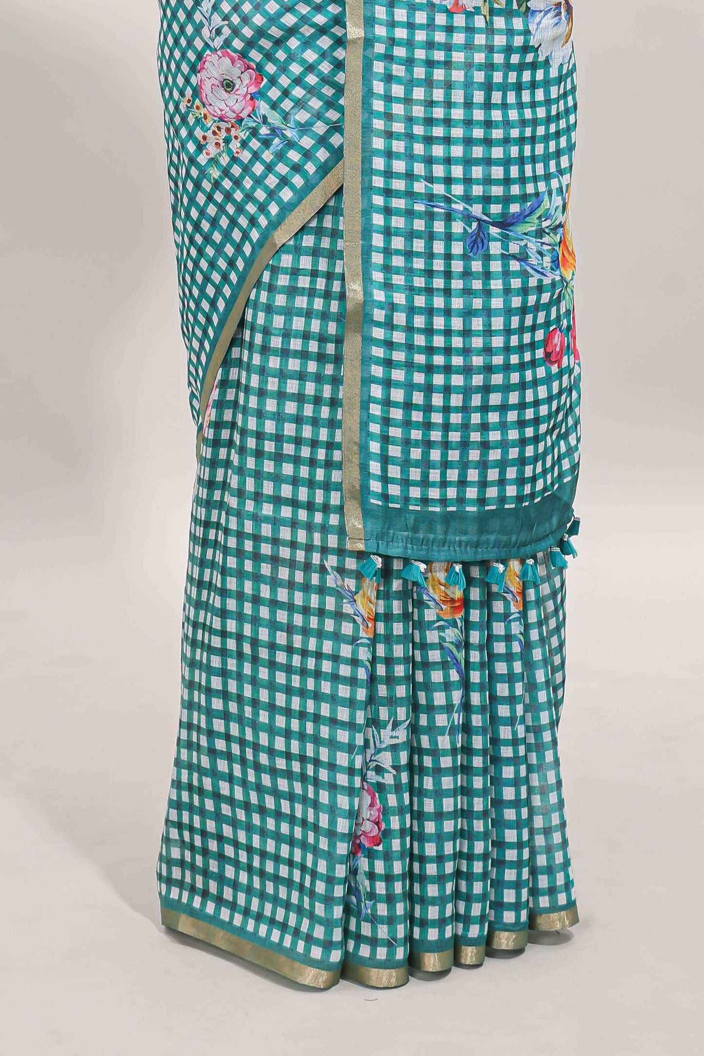 Green checked floral motifs linen cotton saree with self zari border matching blouse