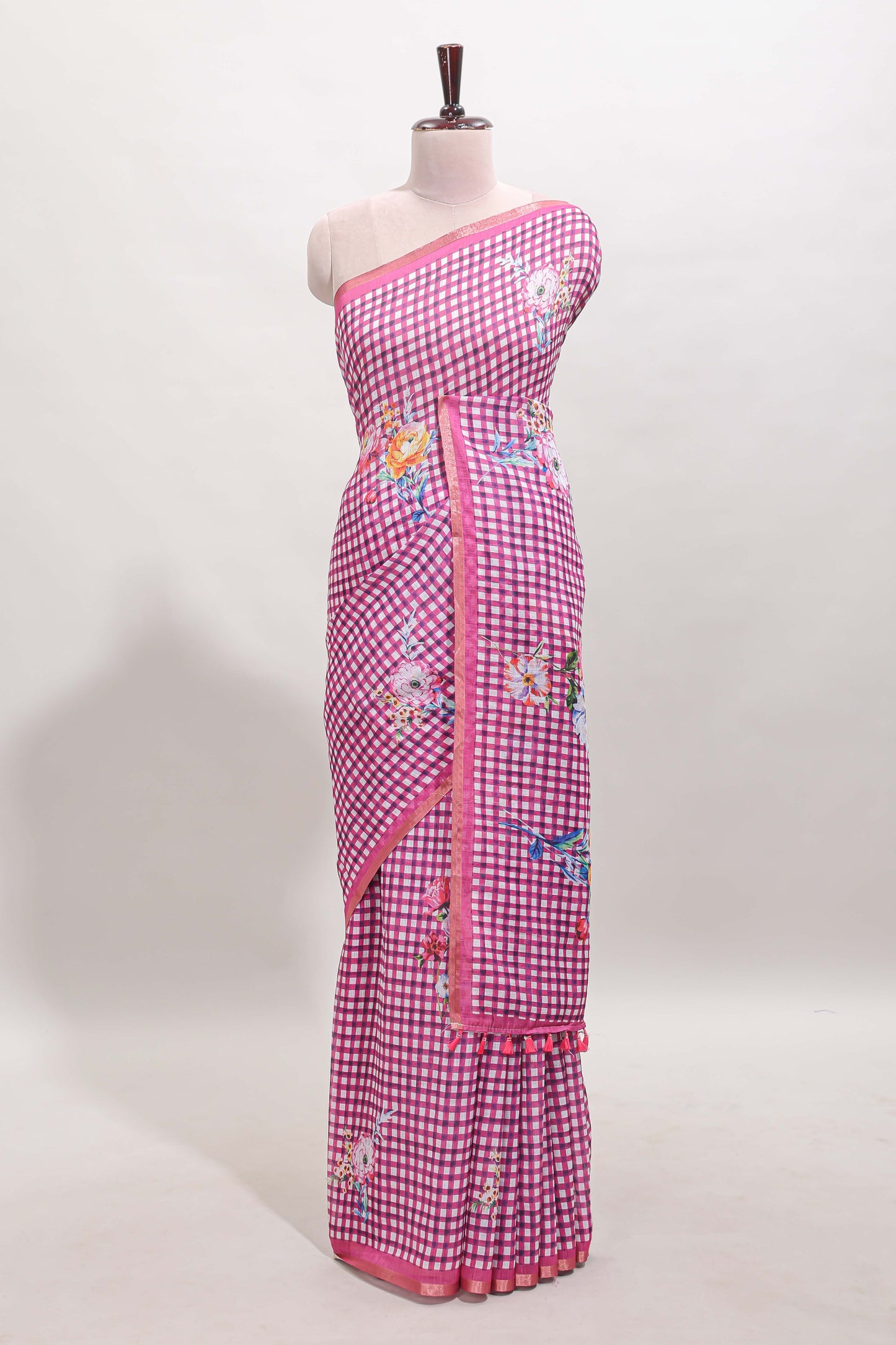 Pink checked floral motifs linen cotton saree with self zari border matching blouse