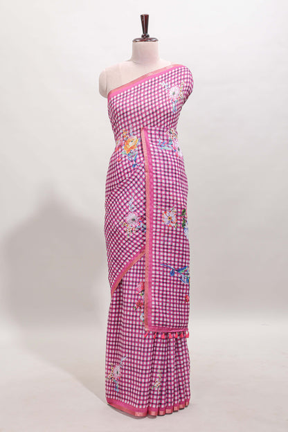 Pink checked floral motifs linen cotton saree with self zari border matching blouse