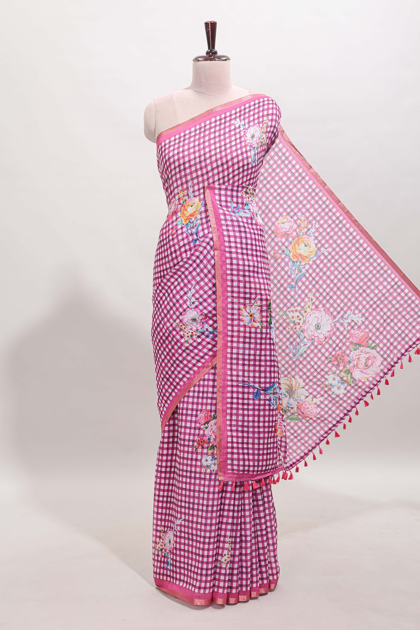 Pink checked floral motifs linen cotton saree with self zari border matching blouse