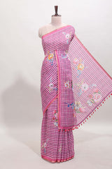 Pink checked floral motifs linen cotton saree with self zari border matching blouse