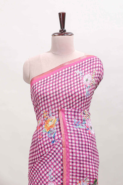 Pink checked floral motifs linen cotton saree with self zari border matching blouse