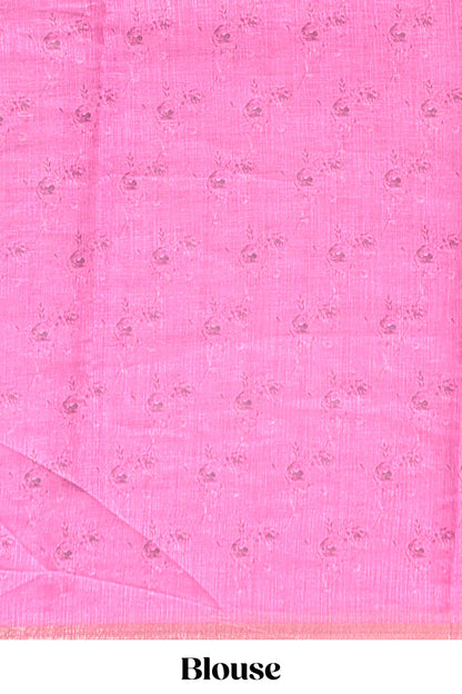 Pink checked floral motifs linen cotton saree with self zari border matching blouse