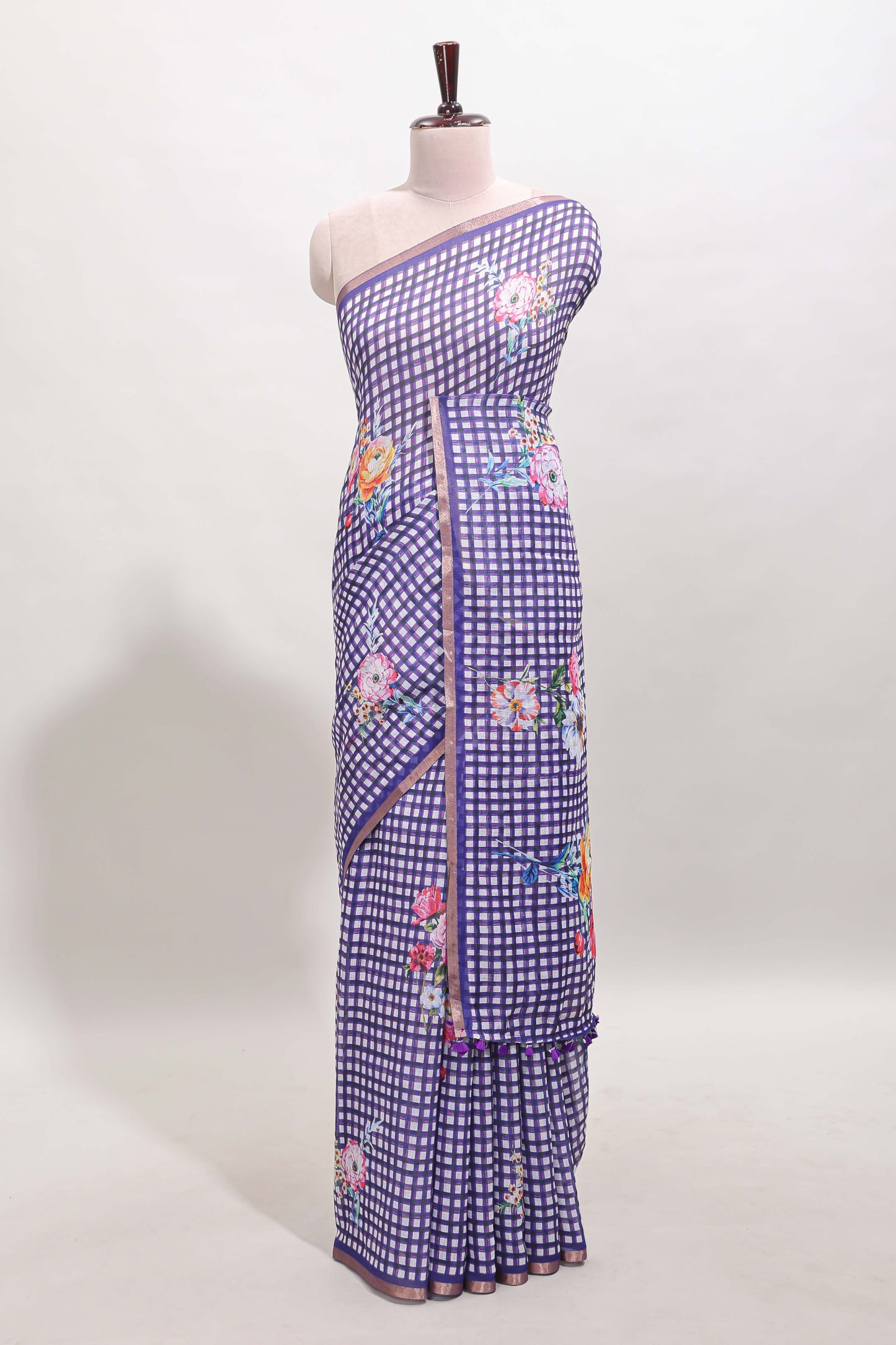 Lavender checked floral motifs linen cotton saree with self zari border matching blouse