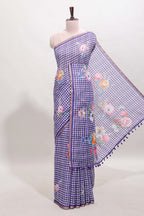 Lavender checked floral motifs linen cotton saree with self zari border matching blouse