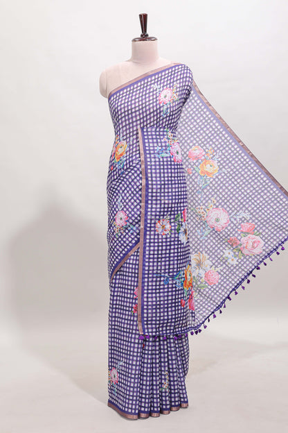 Lavender checked floral motifs linen cotton saree with self zari border matching blouse
