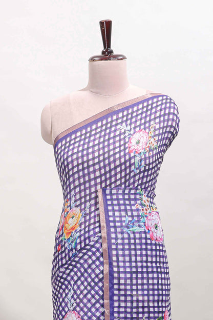 Lavender checked floral motifs linen cotton saree with self zari border matching blouse