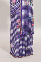 Lavender checked floral motifs linen cotton saree with self zari border matching blouse