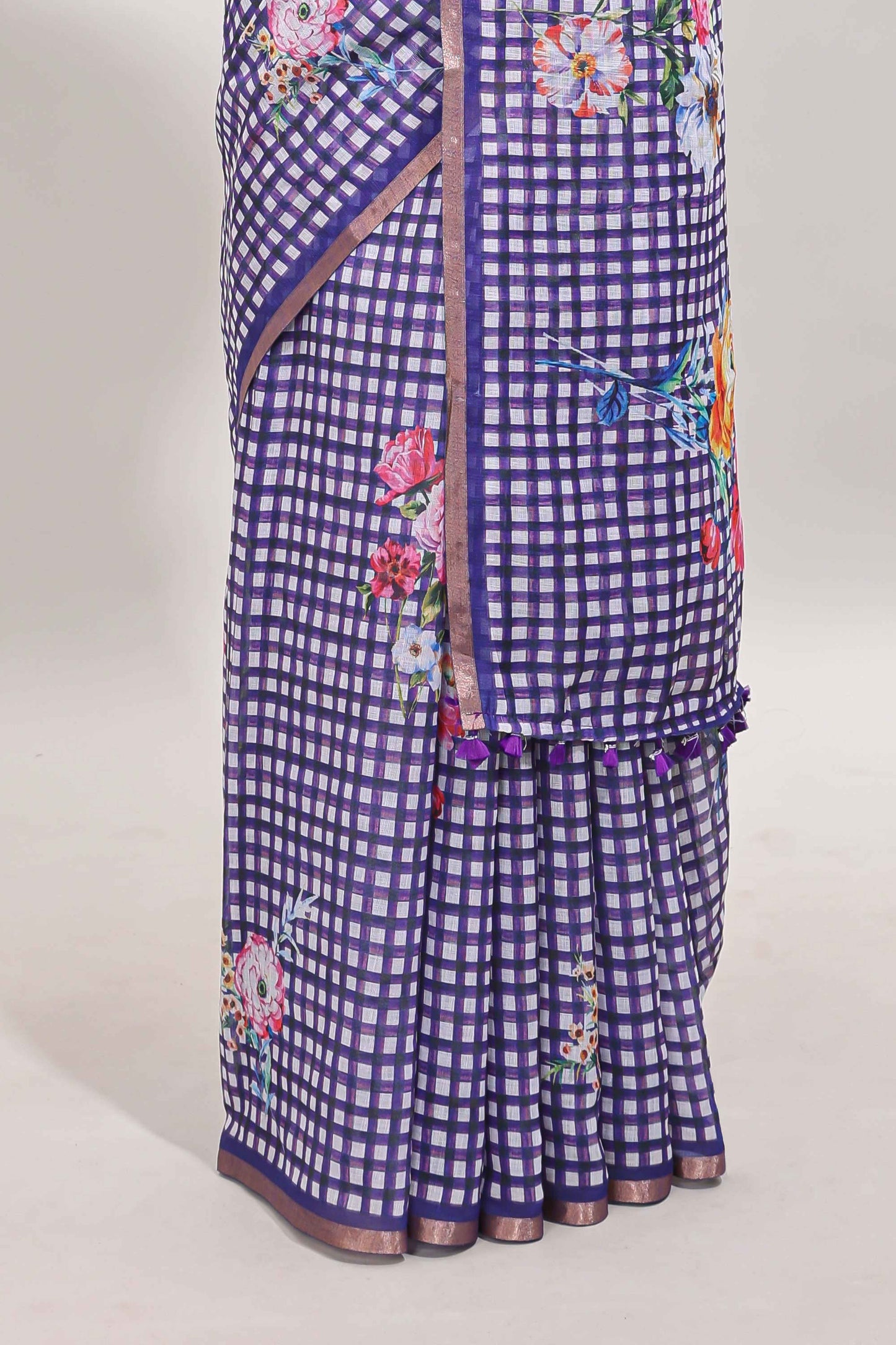 Lavender checked floral motifs linen cotton saree with self zari border matching blouse