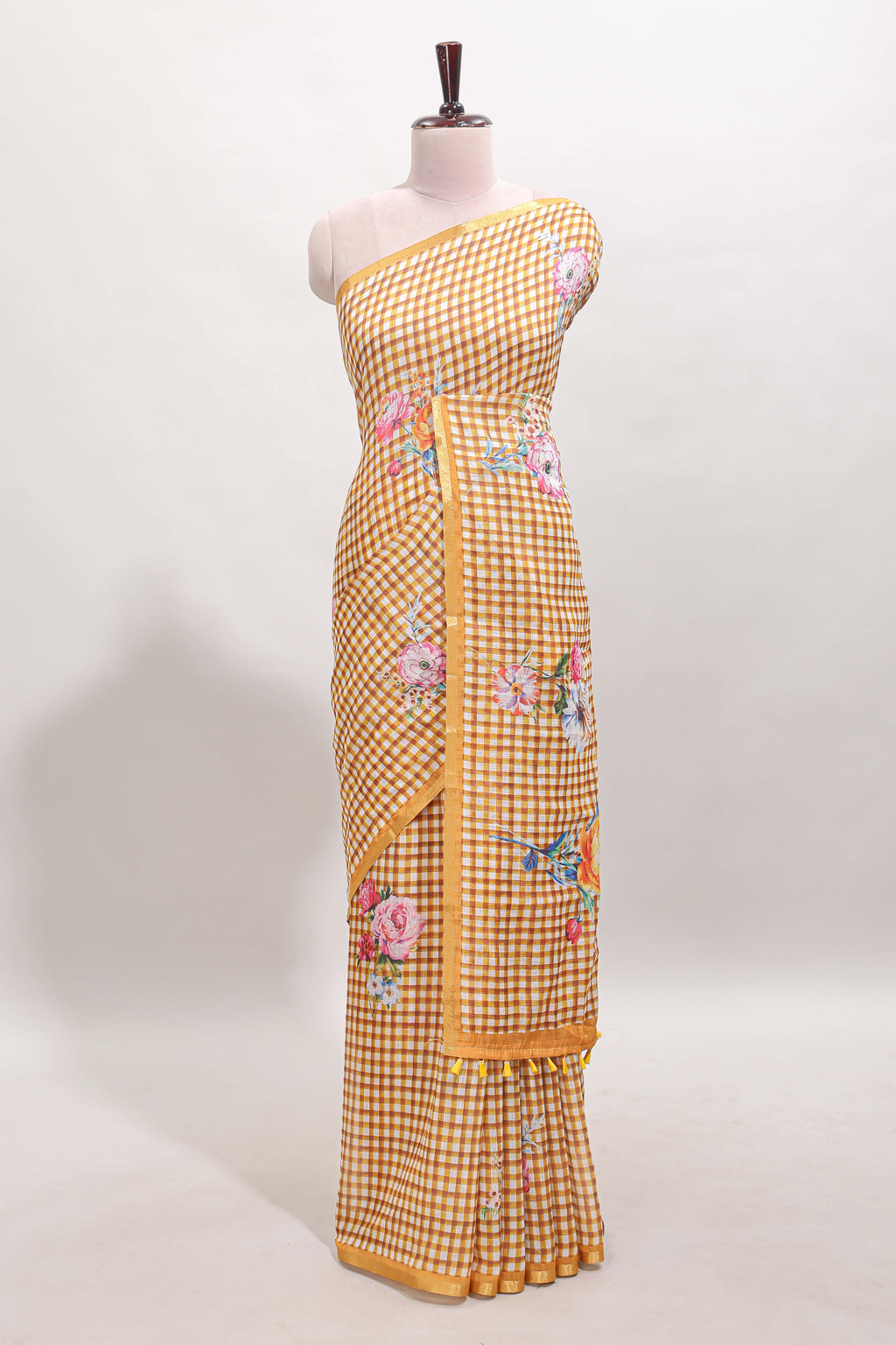 Mustard checked floral motifs linen cotton saree with self zari border matching blouse