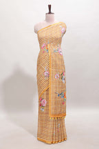 Mustard checked floral motifs linen cotton saree with self zari border matching blouse