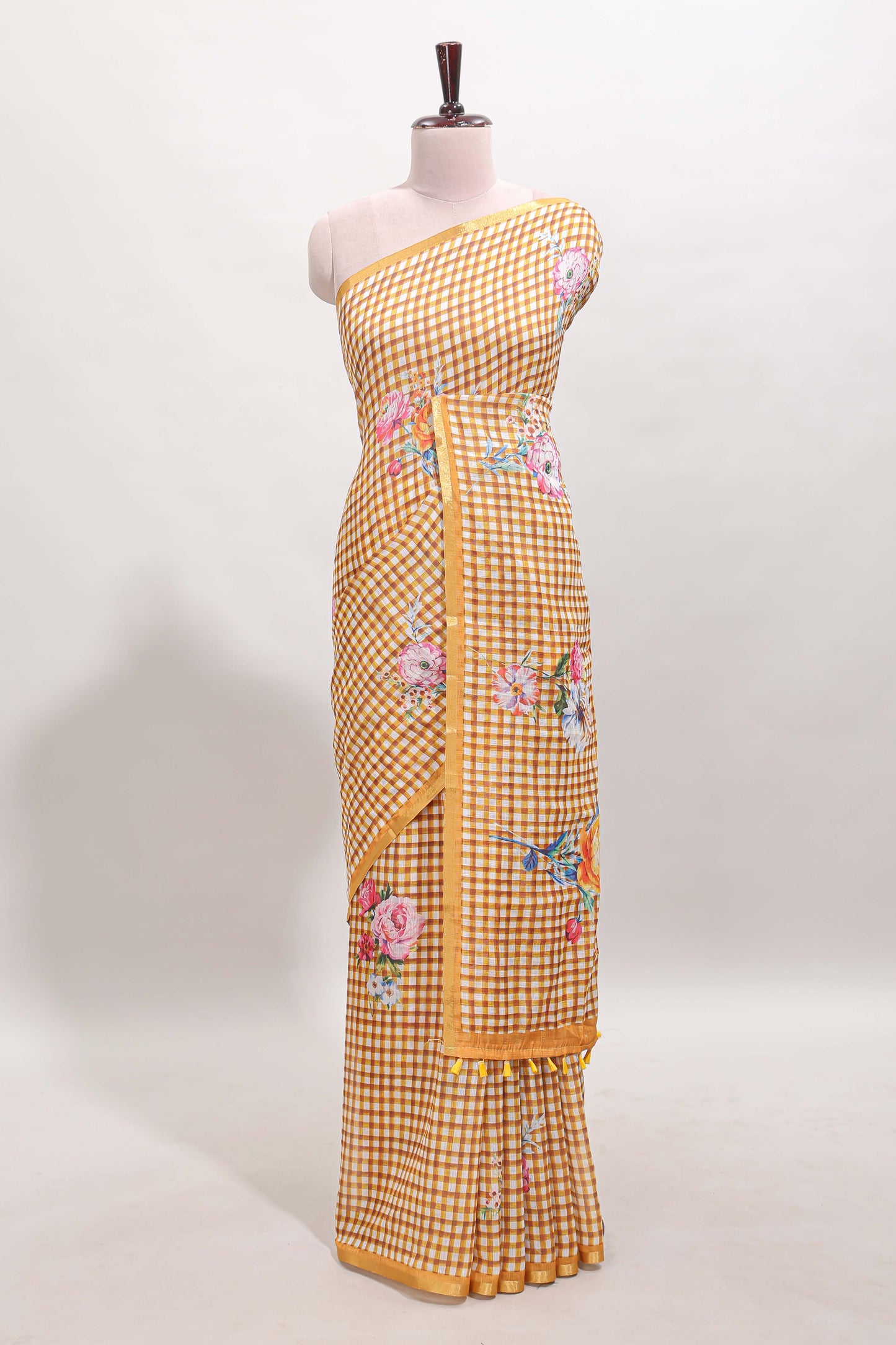 Mustard checked floral motifs linen cotton saree with self zari border matching blouse
