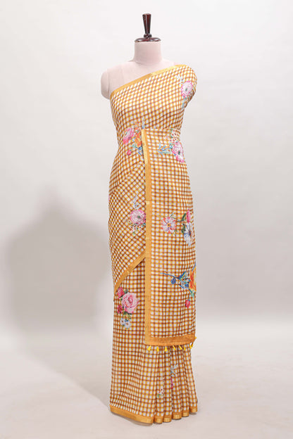 Mustard checked floral motifs linen cotton saree with self zari border matching blouse