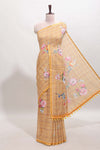Mustard checked floral motifs linen cotton saree with self zari border matching blouse