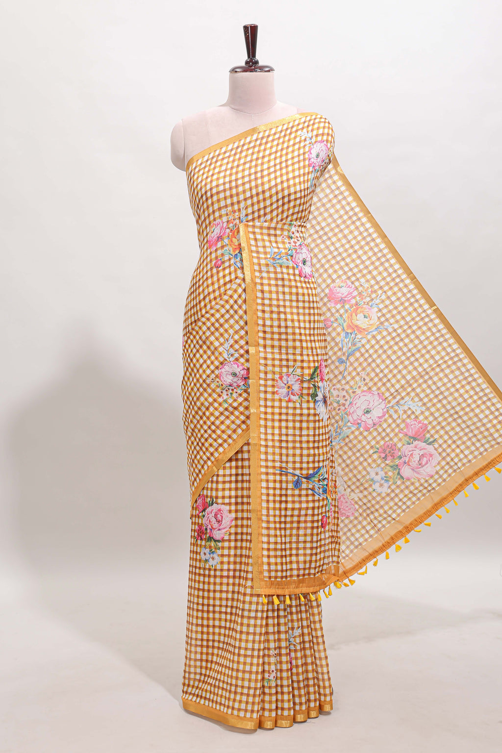 Mustard checked floral motifs linen cotton saree with self zari border matching blouse