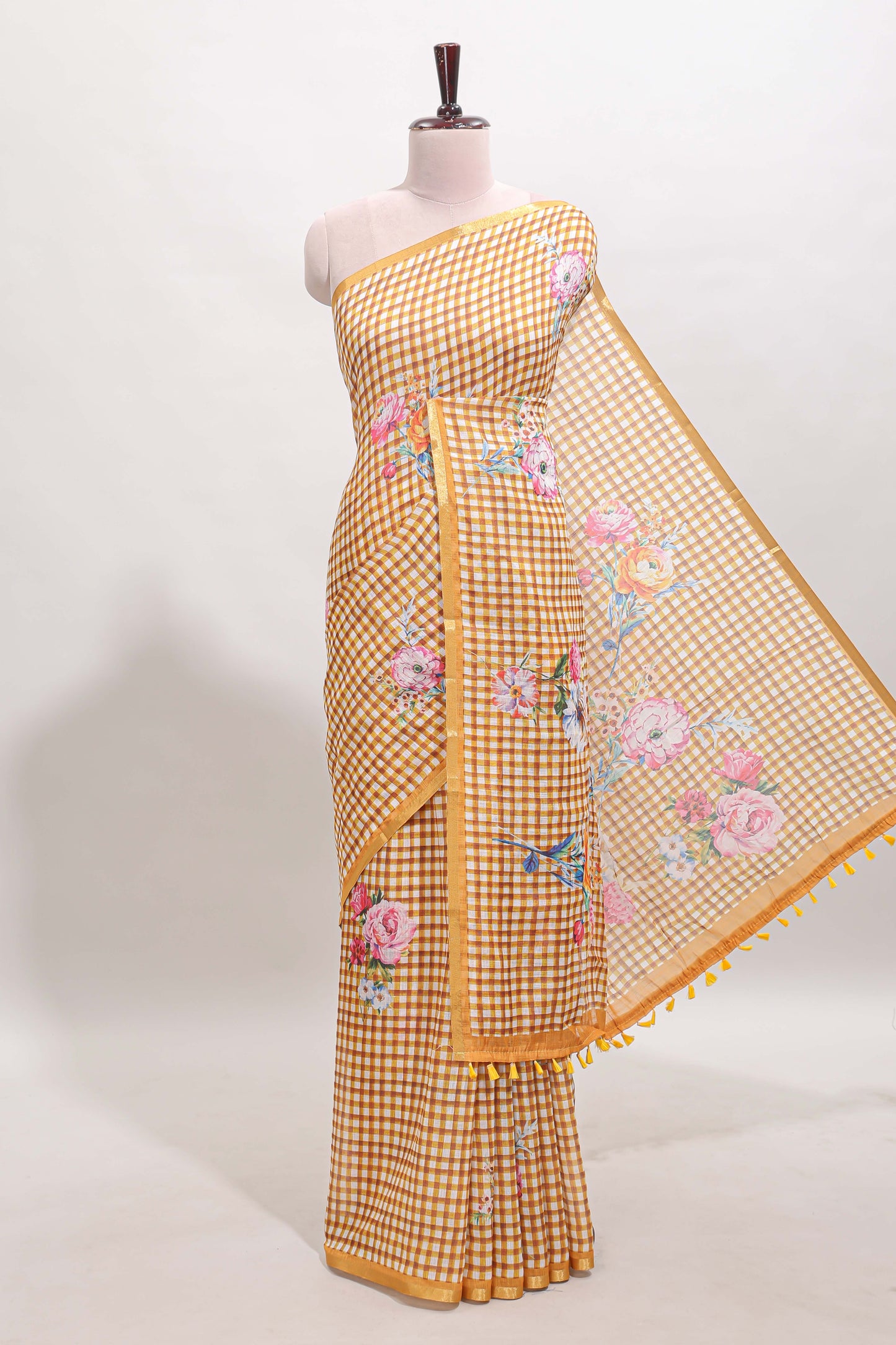Mustard checked floral motifs linen cotton saree with self zari border matching blouse