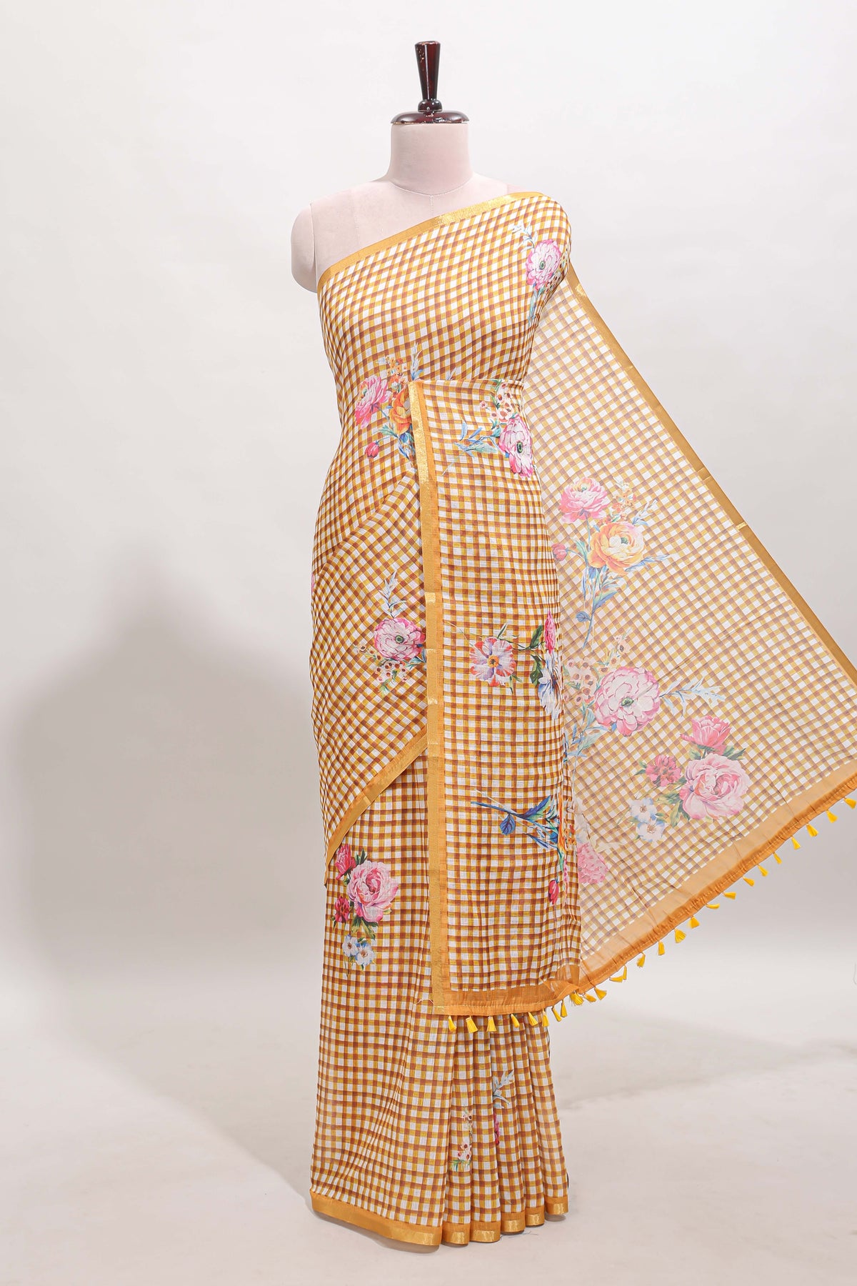 Mustard checked floral motifs linen cotton saree with self zari border matching blouse