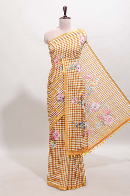Mustard checked floral motifs linen cotton saree with self zari border matching blouse