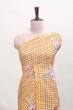 Mustard checked floral motifs linen cotton saree with self zari border matching blouse