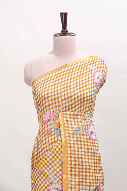 Mustard checked floral motifs linen cotton saree with self zari border matching blouse
