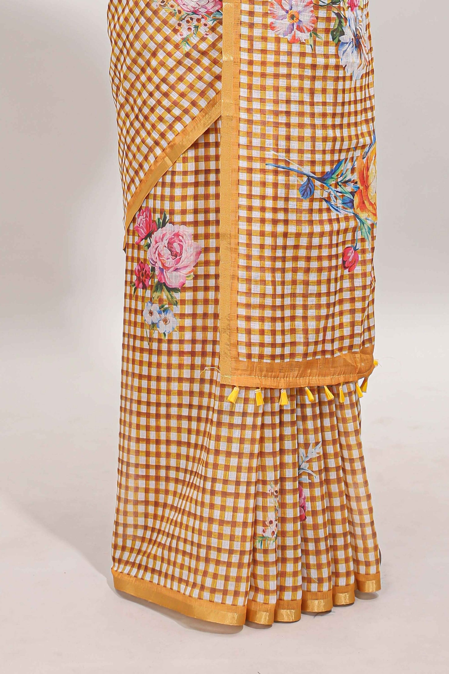 Mustard checked floral motifs linen cotton saree with self zari border matching blouse