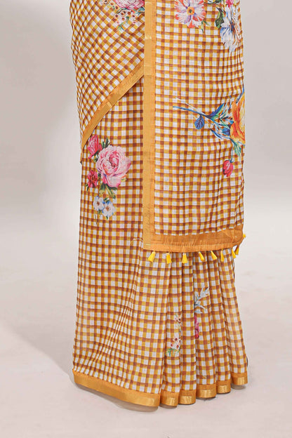 Mustard checked floral motifs linen cotton saree with self zari border matching blouse