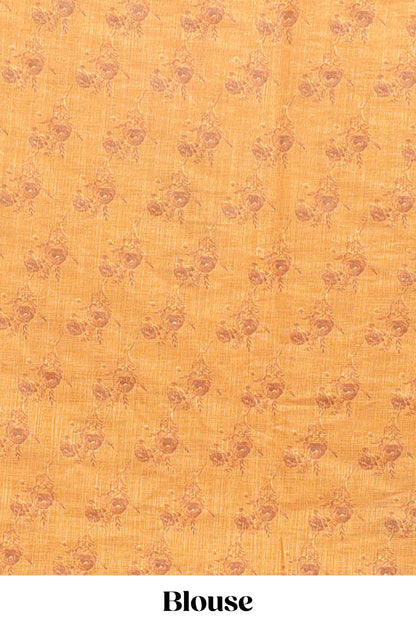 Mustard checked floral motifs linen cotton saree with self zari border matching blouse