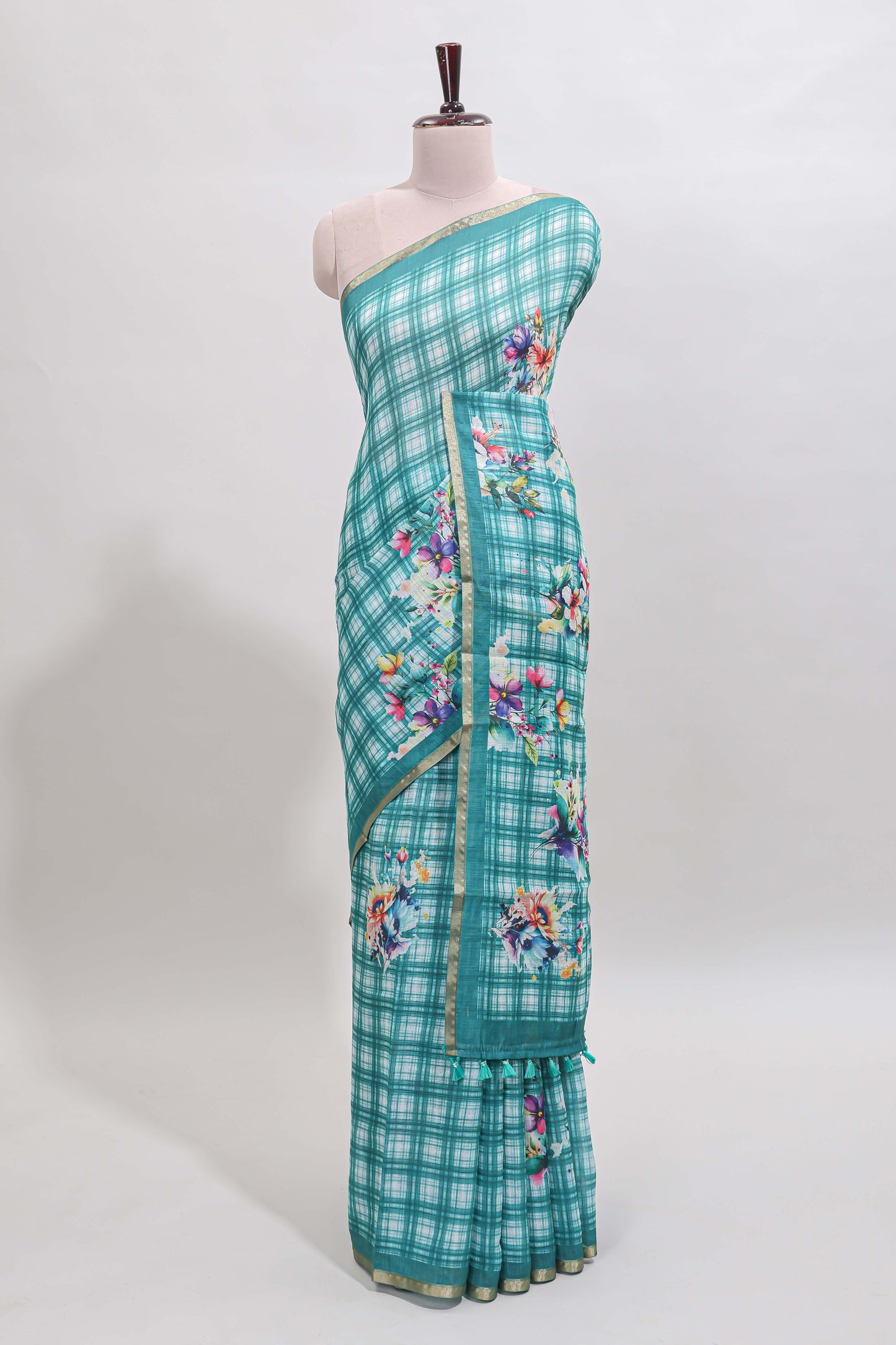 Teal green checked floral motifs linen cotton saree with self zari border matching blouse