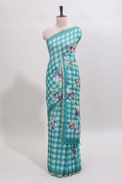Teal green checked floral motifs linen cotton saree with self zari border matching blouse