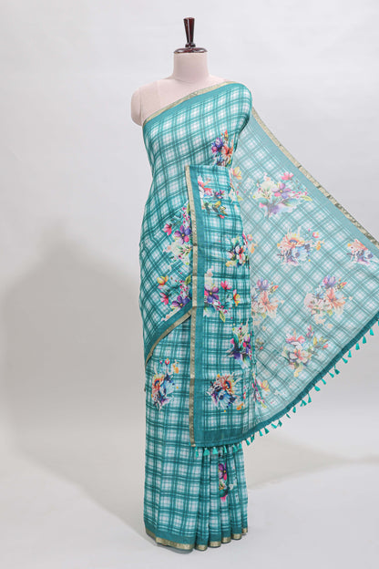 Teal green checked floral motifs linen cotton saree with self zari border matching blouse