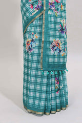 Teal green checked floral motifs linen cotton saree with self zari border matching blouse