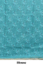 Teal green checked floral motifs linen cotton saree with self zari border matching blouse