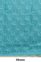 Teal green checked floral motifs linen cotton saree with self zari border matching blouse