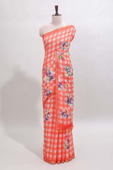 Orange checked floral motifs linen cotton saree with self zari border matching blouse