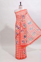 Orange checked floral motifs linen cotton saree with self zari border matching blouse