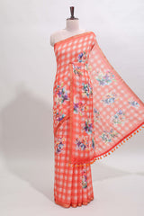 Orange checked floral motifs linen cotton saree with self zari border matching blouse