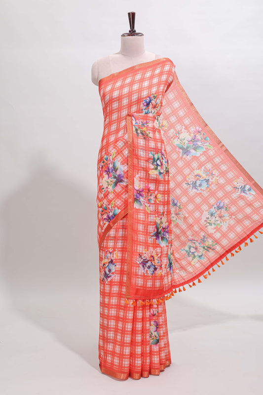 Orange checked floral motifs linen cotton saree with self zari border matching blouse