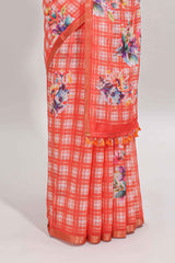Orange checked floral motifs linen cotton saree with self zari border matching blouse