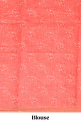 Orange checked floral motifs linen cotton saree with self zari border matching blouse