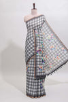 Grey checked floral motifs linen cotton saree with self zari border matching blouse