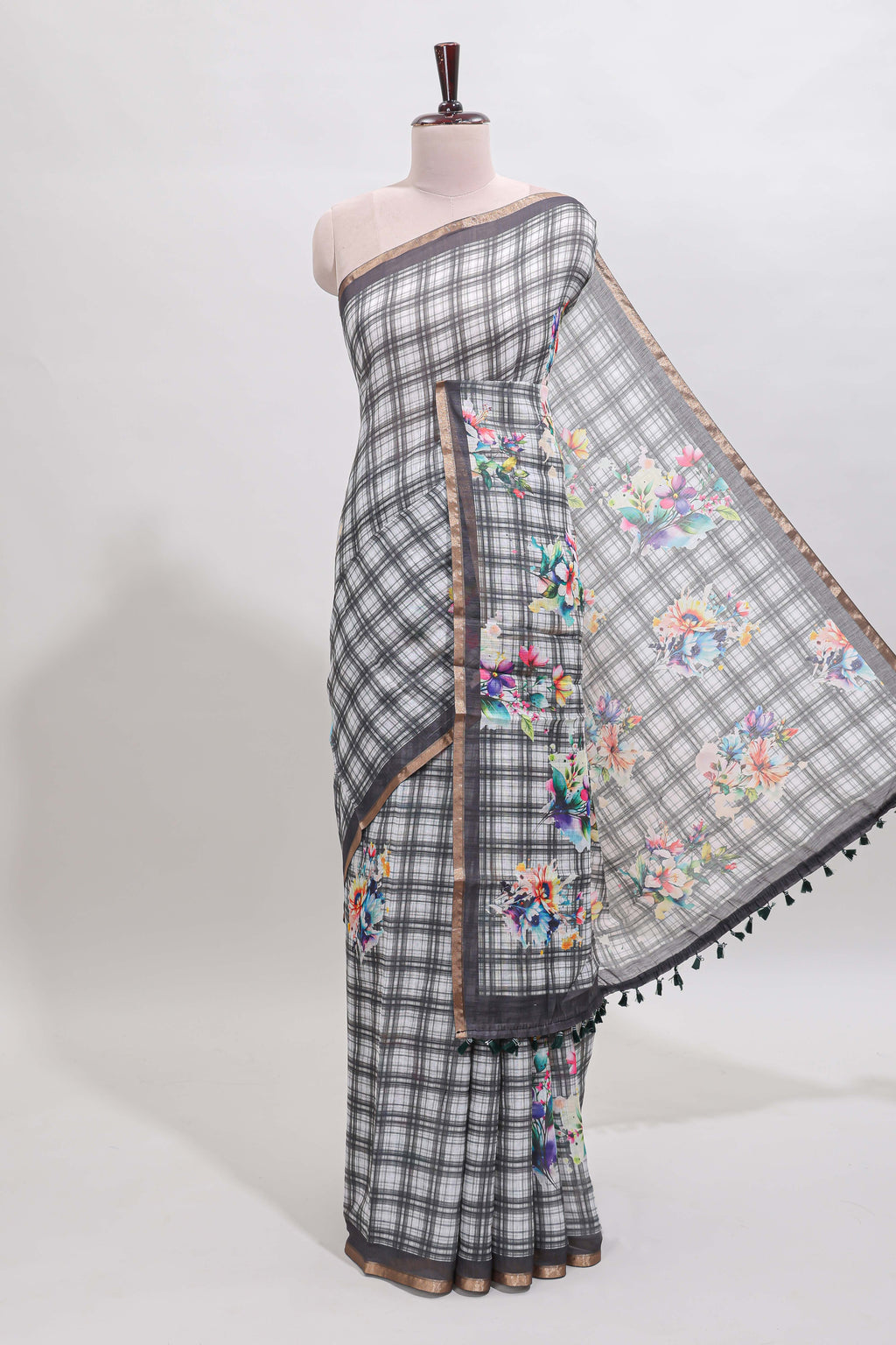 Grey checked floral motifs linen cotton saree with self zari border matching blouse