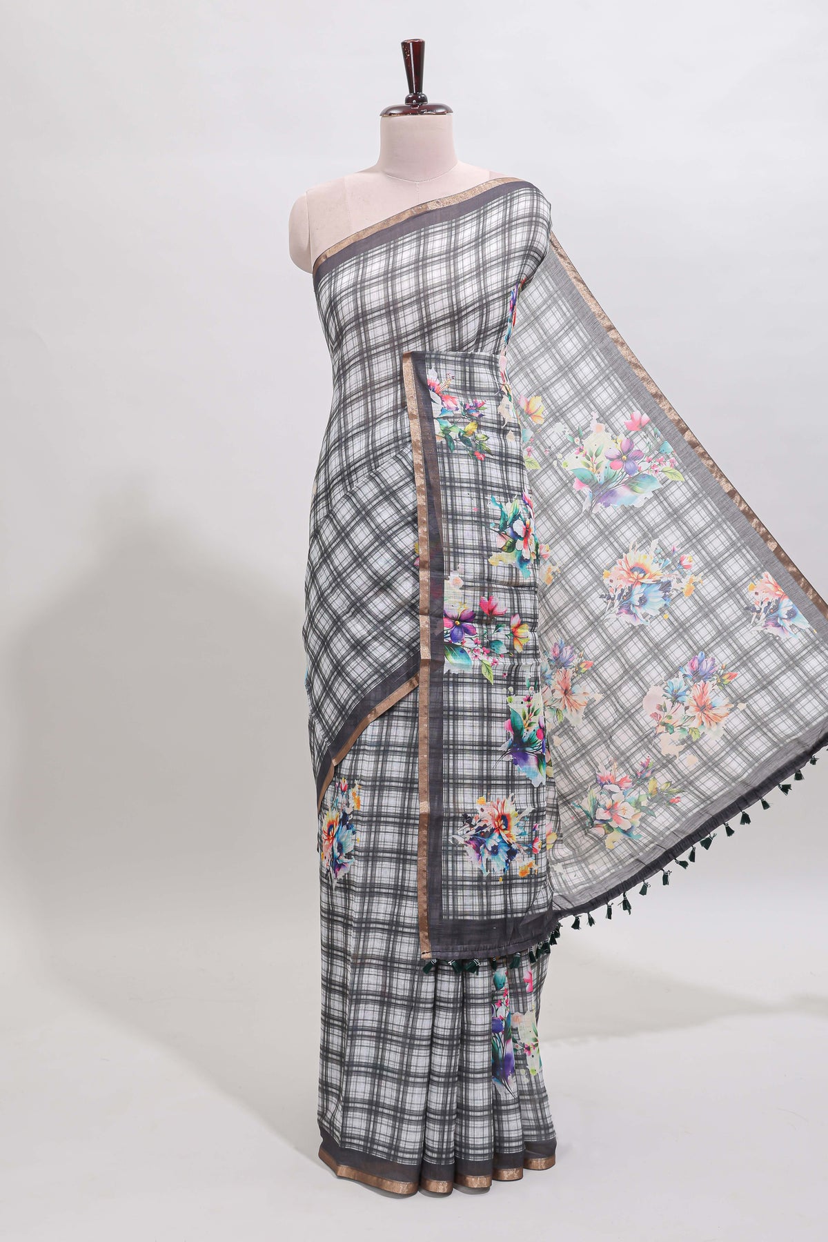 Grey checked floral motifs linen cotton saree with self zari border matching blouse