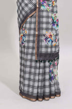 Grey checked floral motifs linen cotton saree with self zari border matching blouse