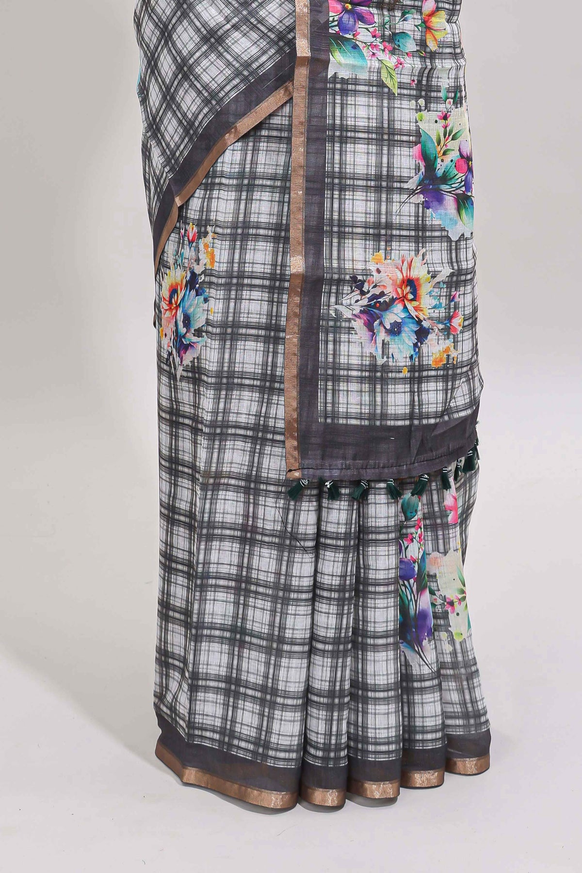 Grey checked floral motifs linen cotton saree with self zari border matching blouse