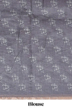 Grey checked floral motifs linen cotton saree with self zari border matching blouse