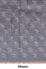 Grey checked floral motifs linen cotton saree with self zari border matching blouse