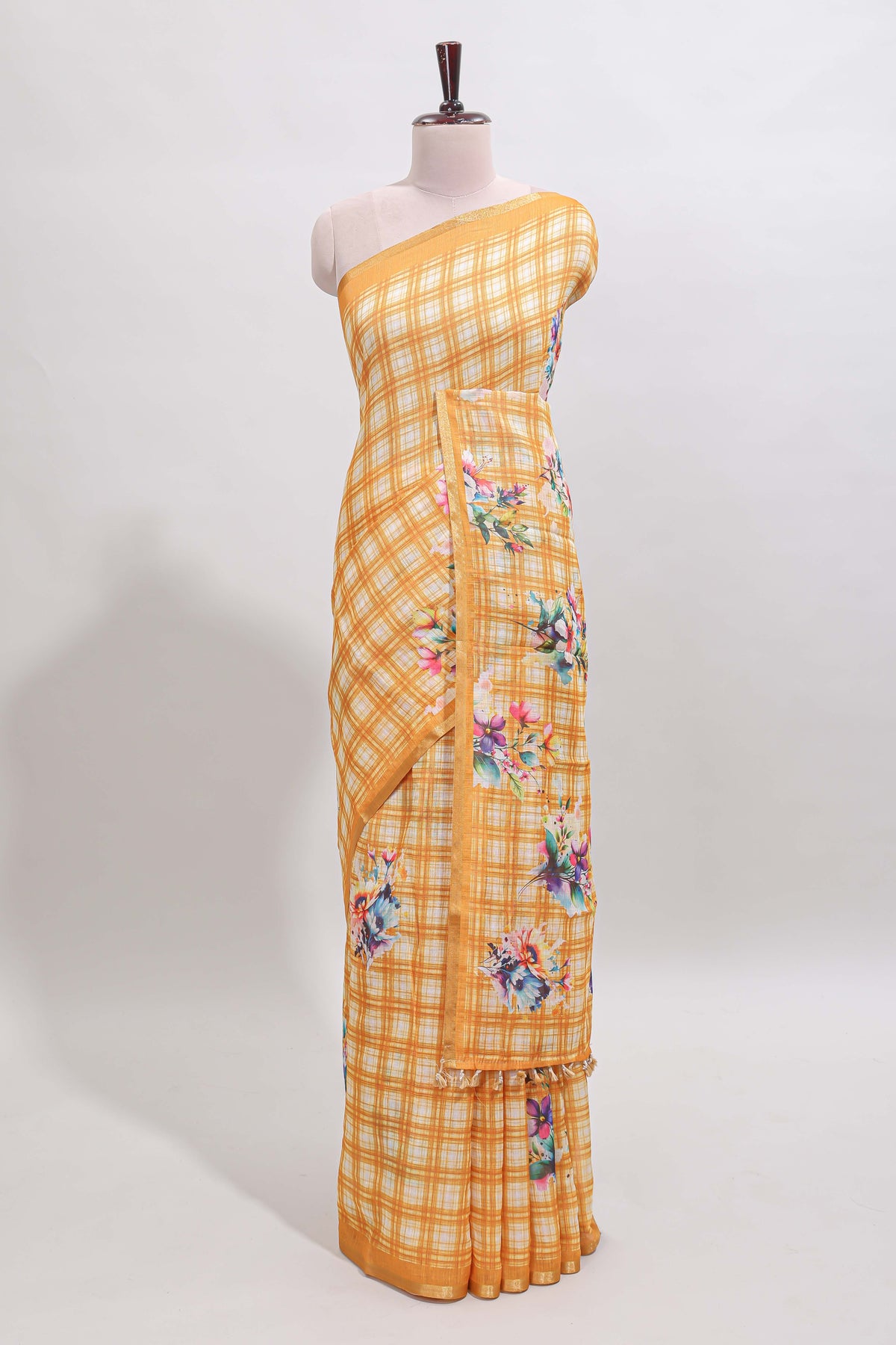 Yellow checked floral motifs linen cotton saree with self zari border matching blouse